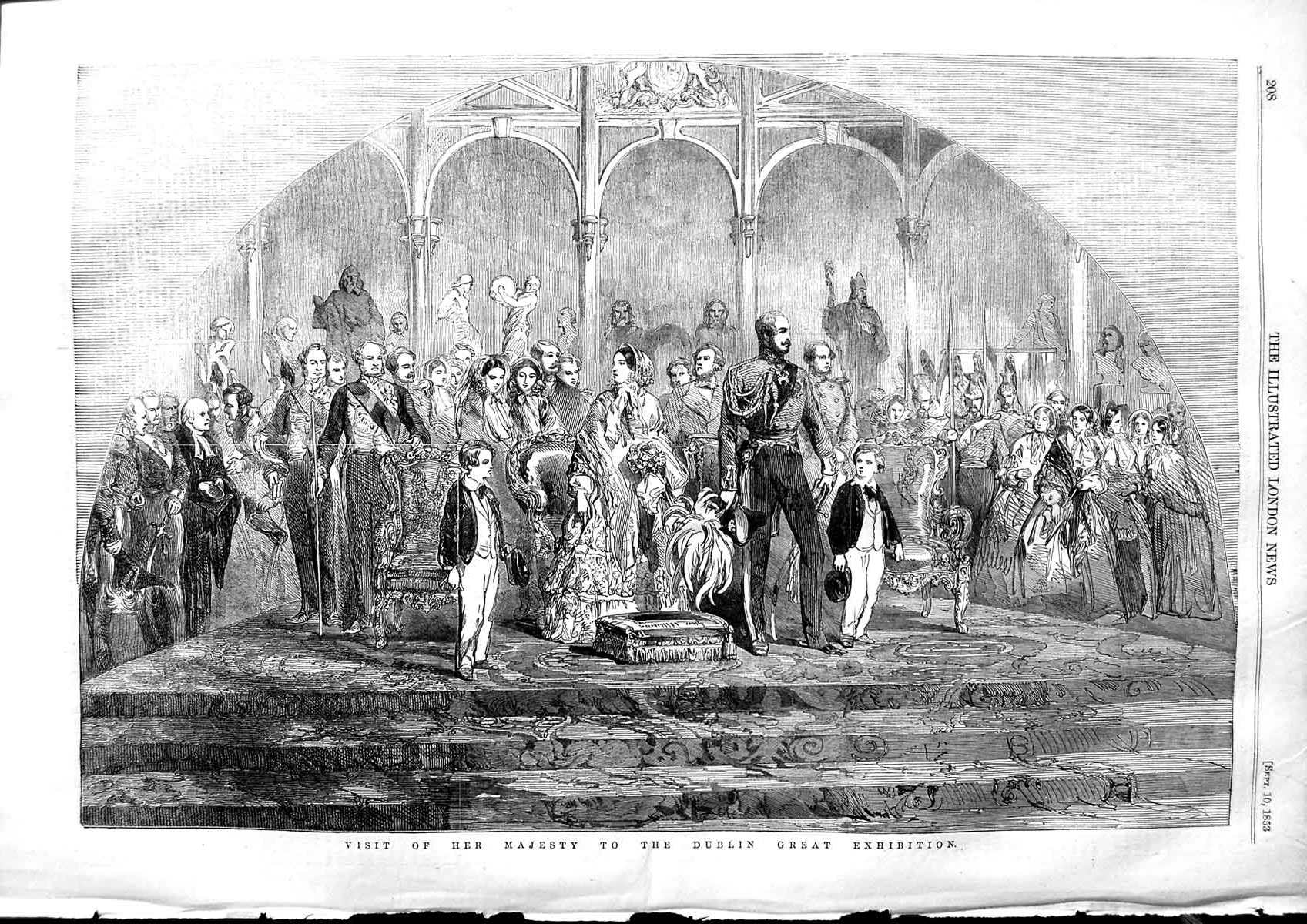 Original Old Antique Print 1853 Majesty Queen Dublin Great Exhibition Victorian