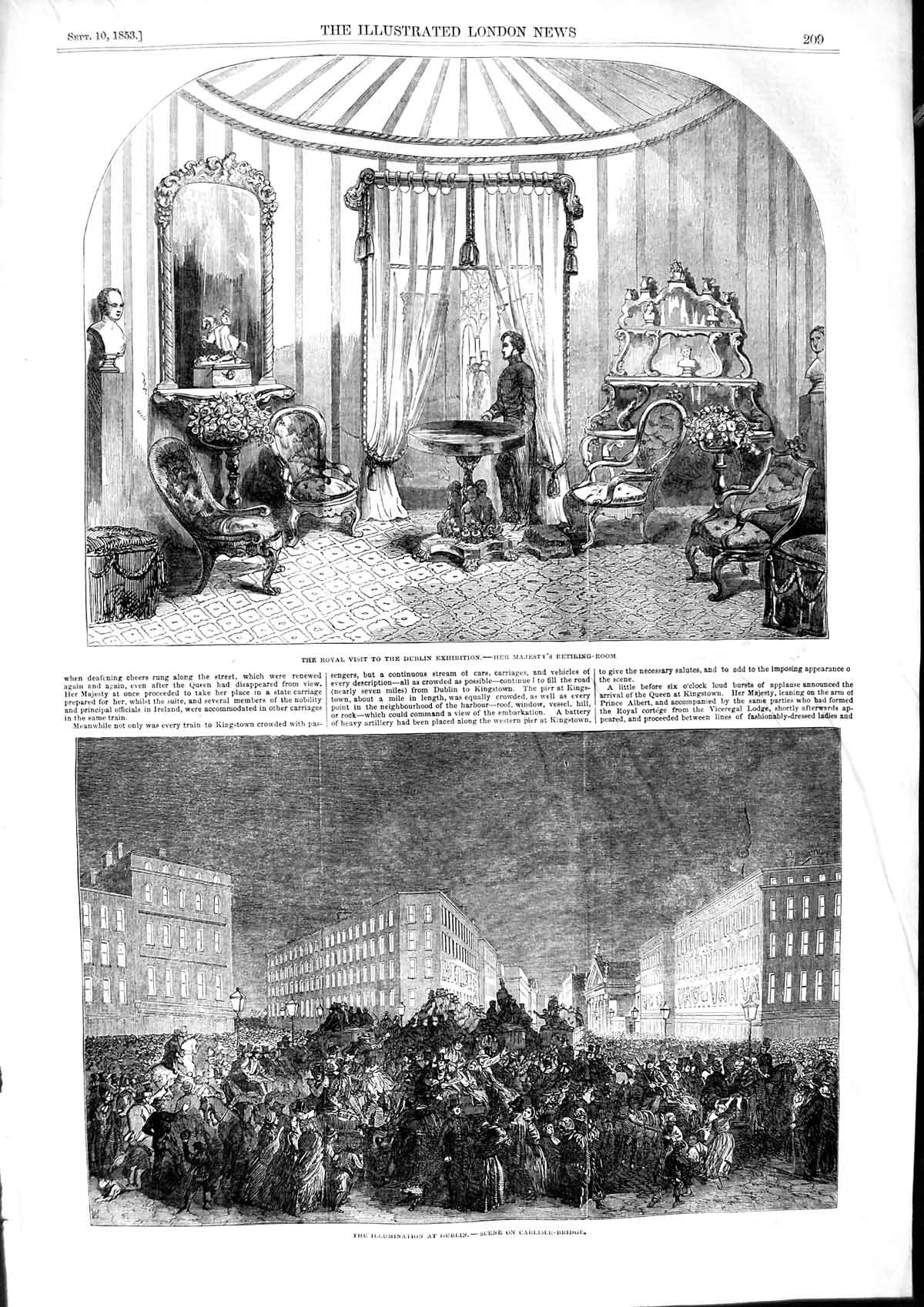 Original Old Antique Print 1853 Royal Visit Dublin Exhibition Carlisle Bridge