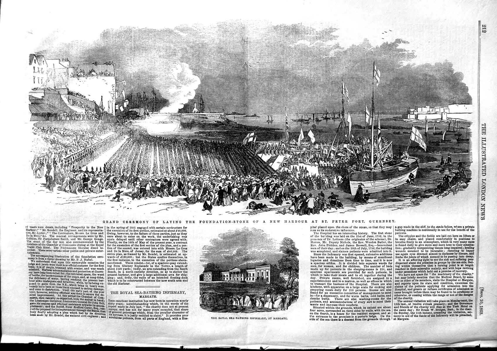 Old Antique Print 1853 Sea-Bathing Infirmary Margate Peter Port Guernsey 19th