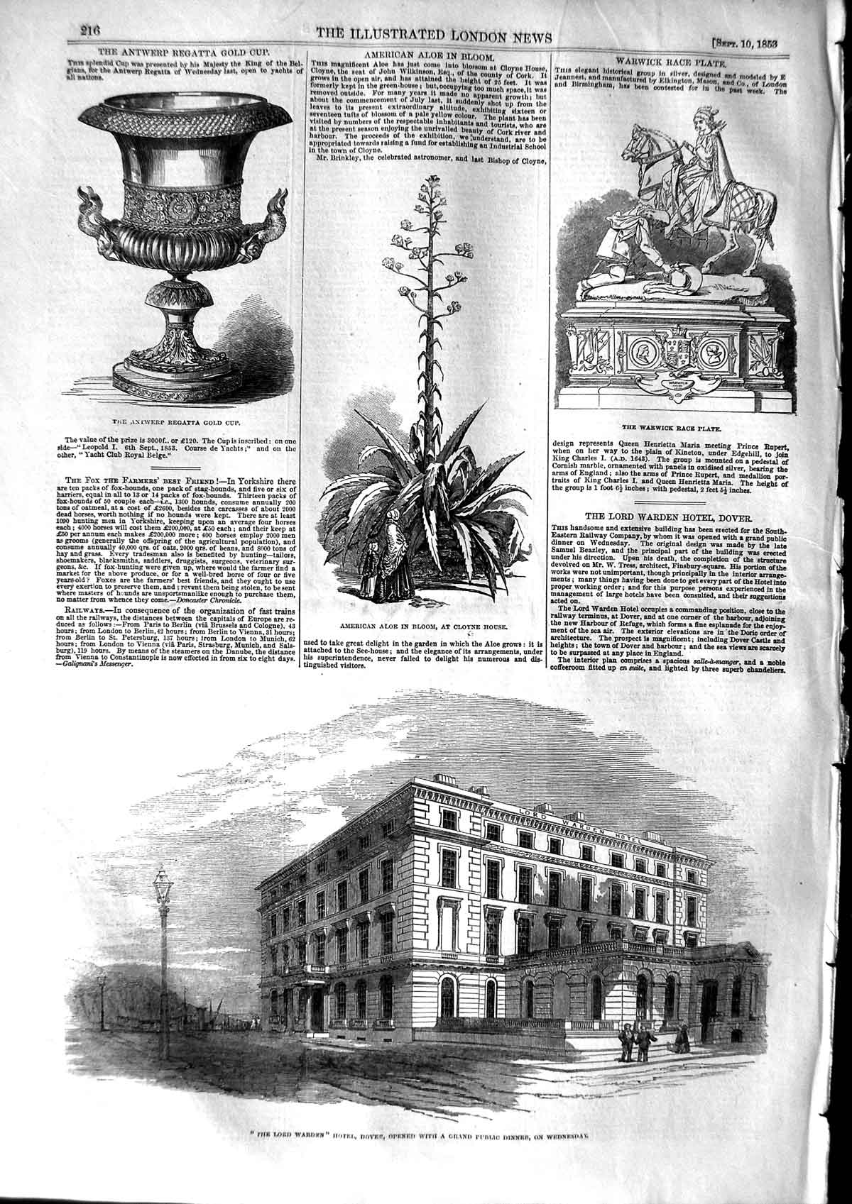 Original Old Antique Print 1853 Lord Warden Hotel Dover Warwick Race Plate Aloe