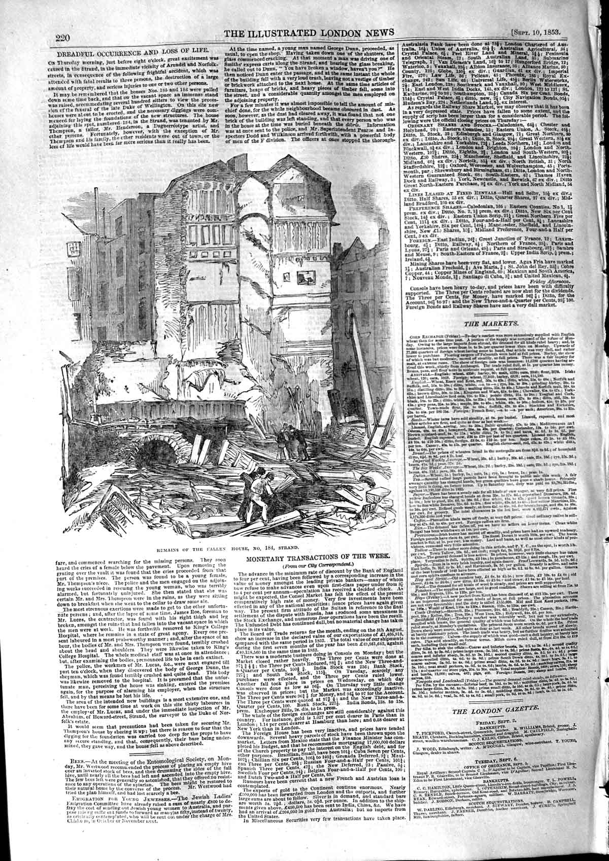 Old Antique Print 1853 Remains Fallen House Strand London Ruins Building 19th