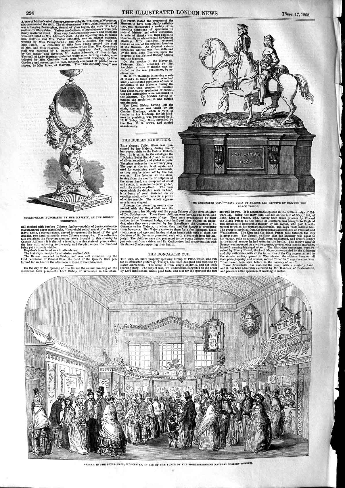Original Old Antique Print 1853 Bazaar Shire-Hall Worcester Doncaster Cup John