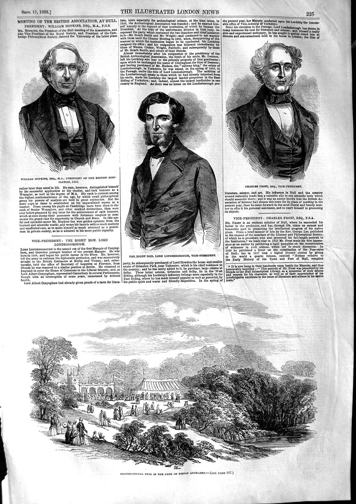 Original Old Antique Print 1853 Horticulture Fete Bishop Auckland Hopkins Frost