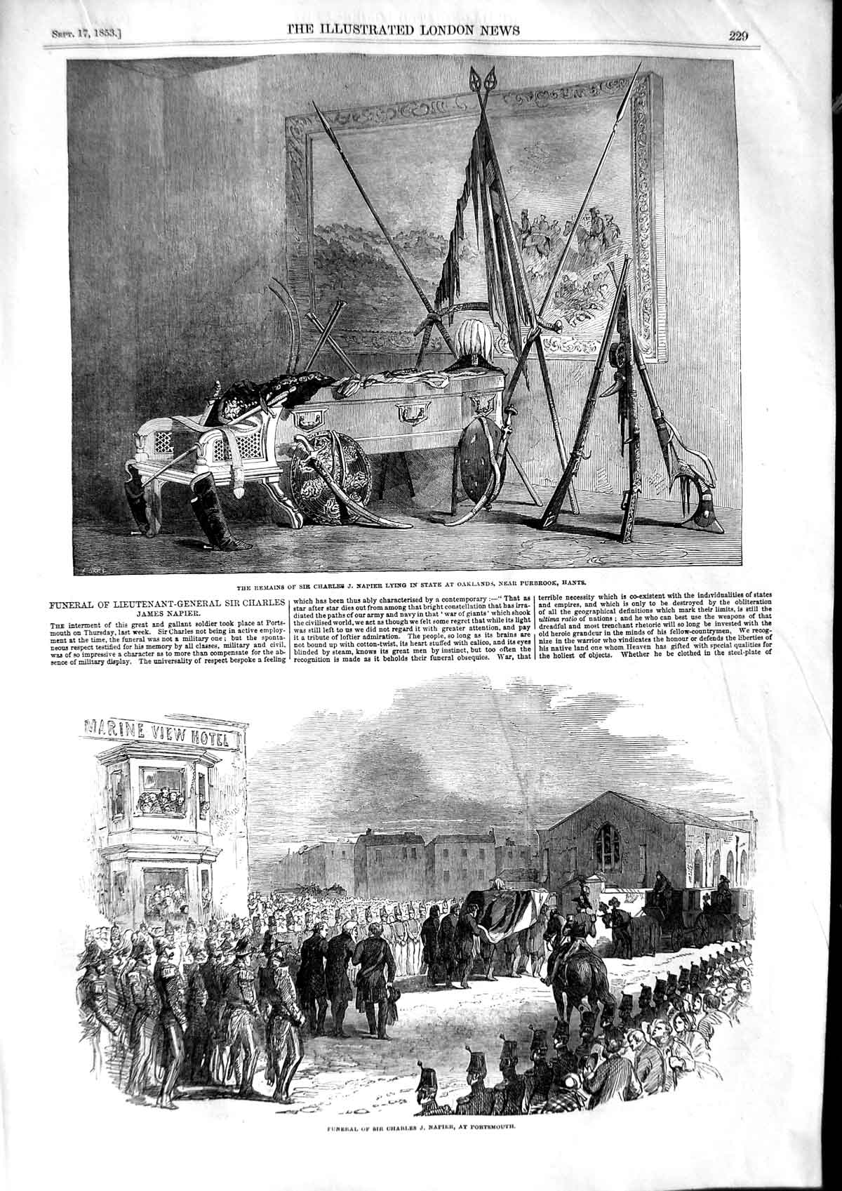 Original Old Antique Print 1853 Funeral Charles Napier Oaklands Purbroo 19th