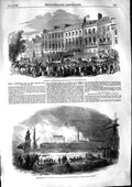 Original Old Antique Print 1853 Fire Russell Steam Ship Milwall Lincoln'S Field