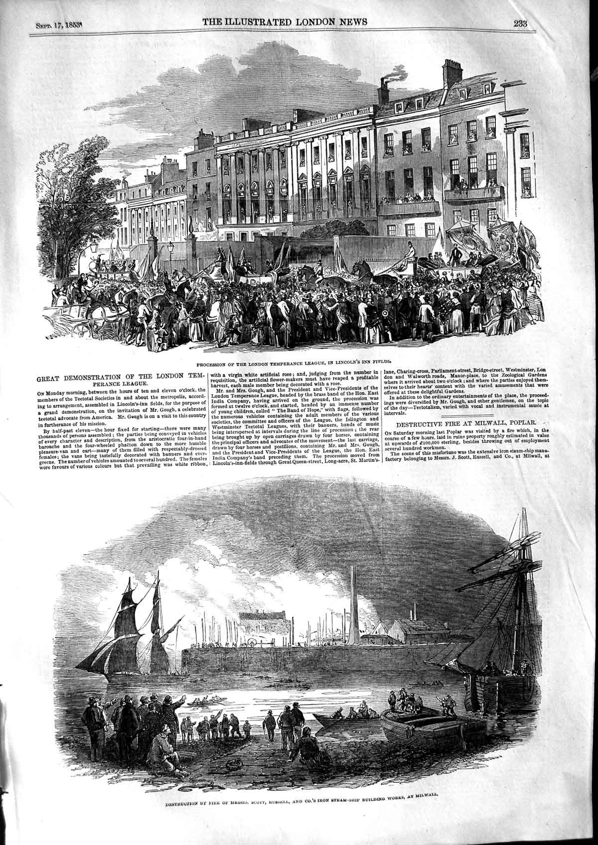 Original Old Antique Print 1853 Fire Russell Steam Ship Milwall Lincoln'S Field