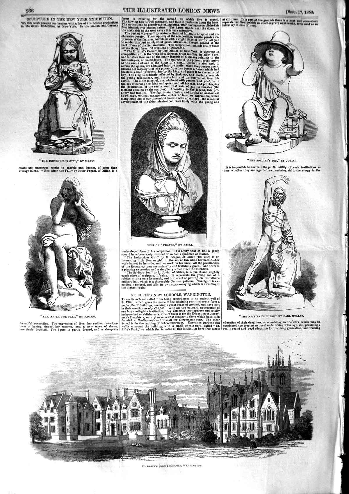 Old Antique Print 1853 Bust Prayer Eve Girl Magni Elfin School Warrington 19th