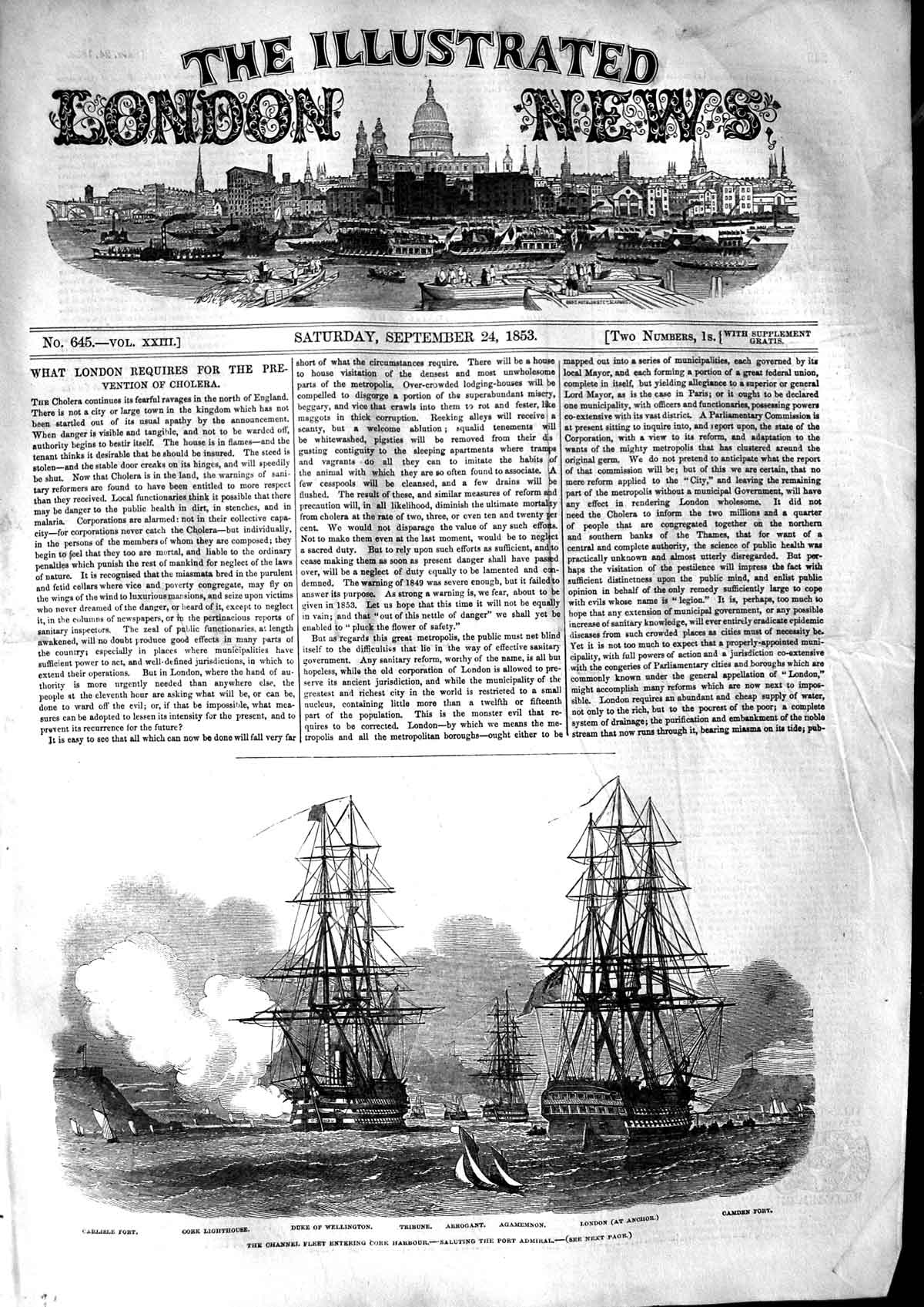 Original Old Antique Print 1853 War Ships Cork Harbour Duke Wellington Tribune