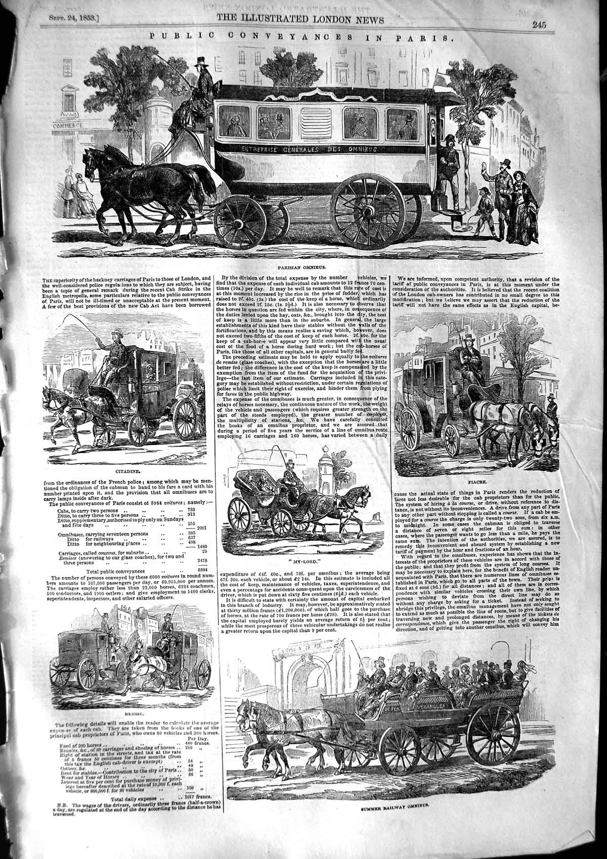 Original Old Antique Print 1853 Paris Transport Omnibus Railway Fiacre Citadine