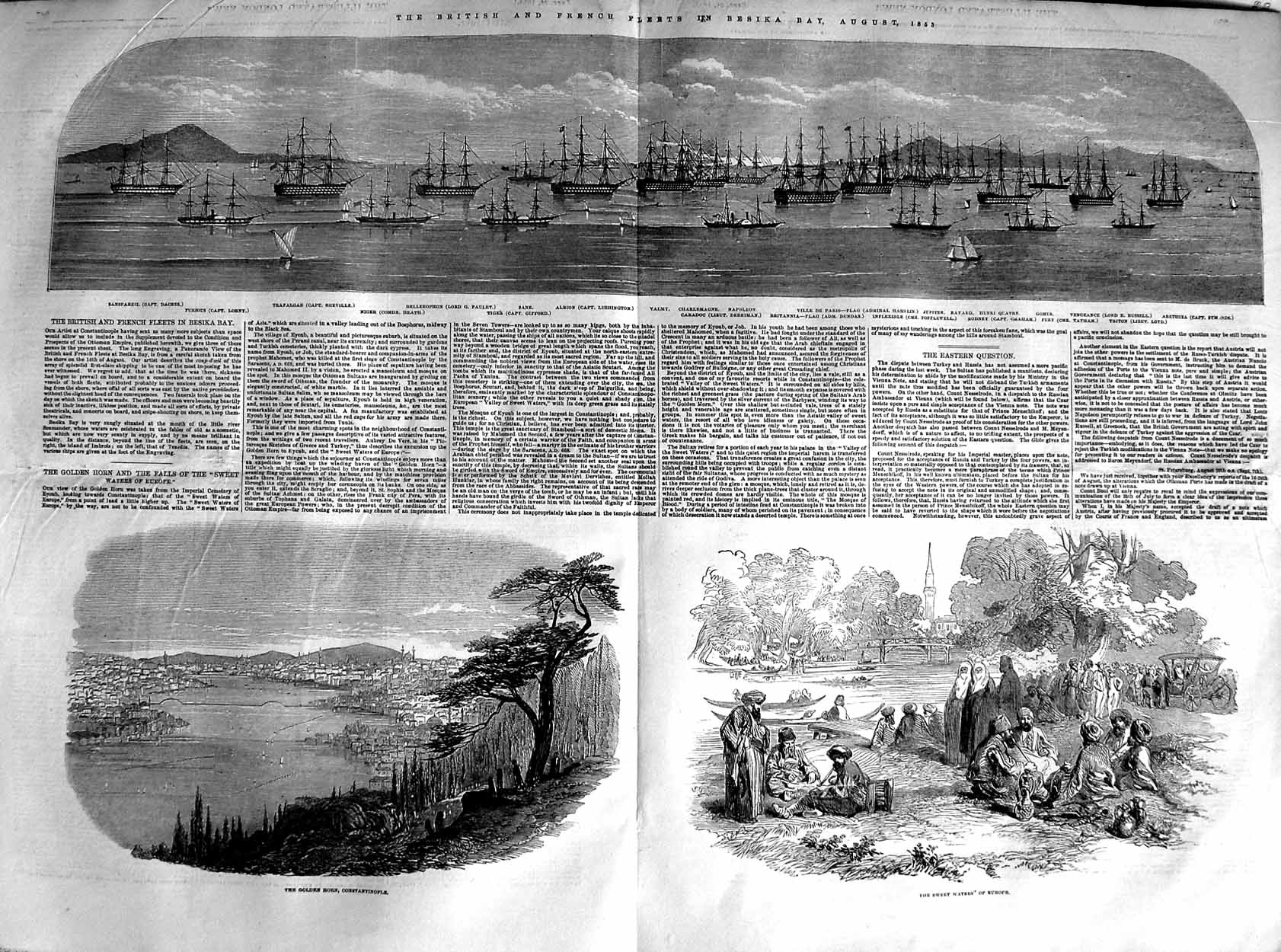 Antique Old Print 1853 Ships Besika Bay Constantinople Trafalgar Napoleon 19th