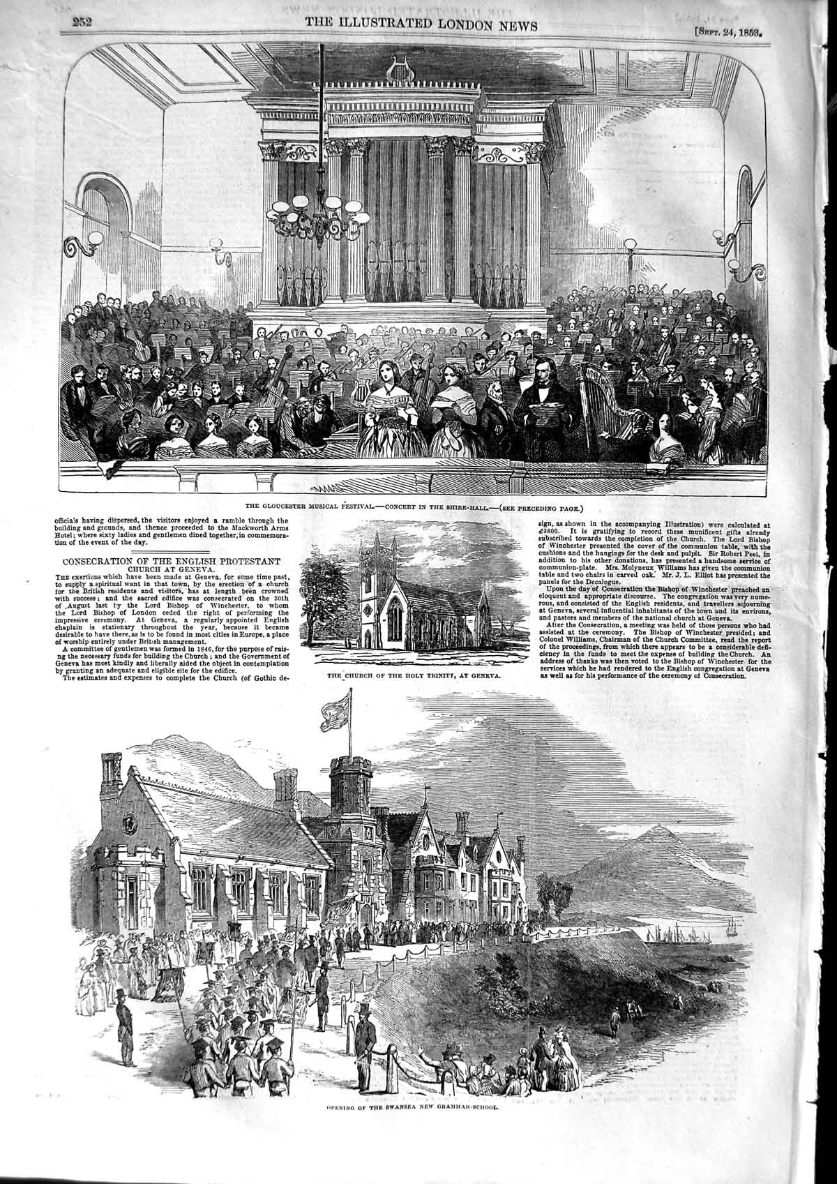 Old Antique Print 1853 Gloucester Musical Festival Church Trinity Swansea 19th