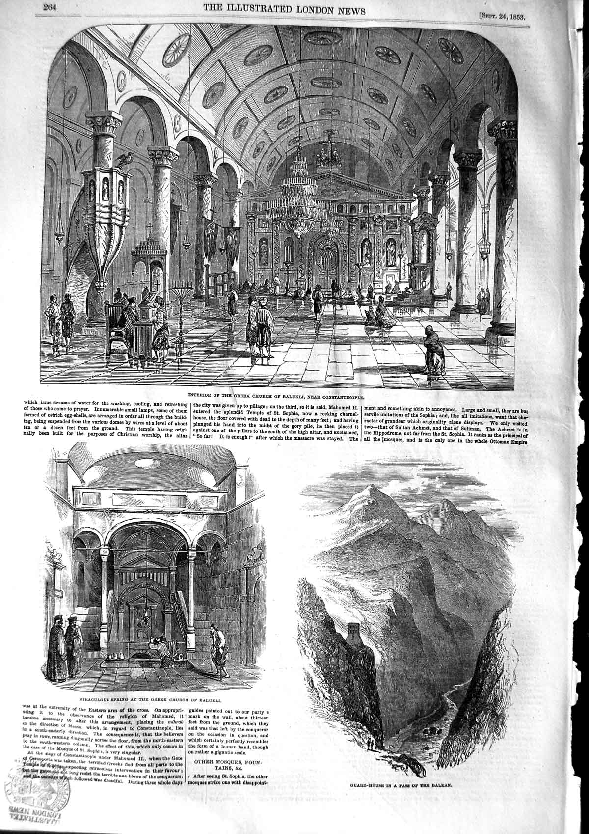 Original Old Antique Print 1853 Greek Church Balukli Constantinople Balkan Pass