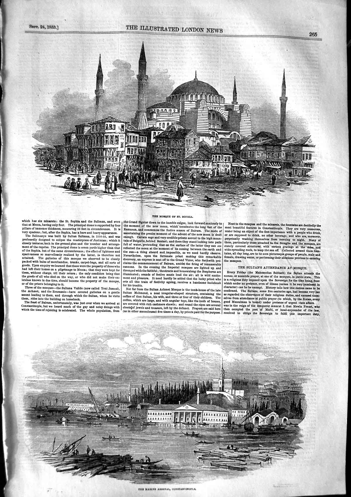 Old Antique Print 1853 View Mosque Sophia Marine Arsenal Constantinople 19th