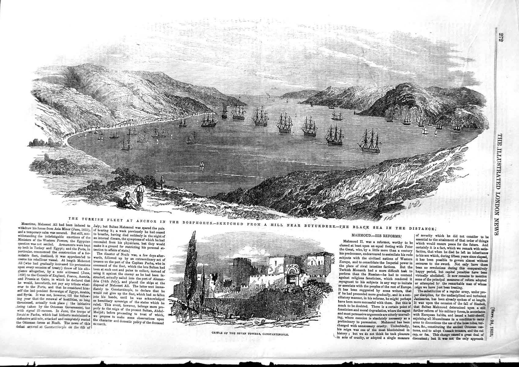 Old Antique Print 1853 Turkish Ships Bosphorus Castle Constantinople War 19th
