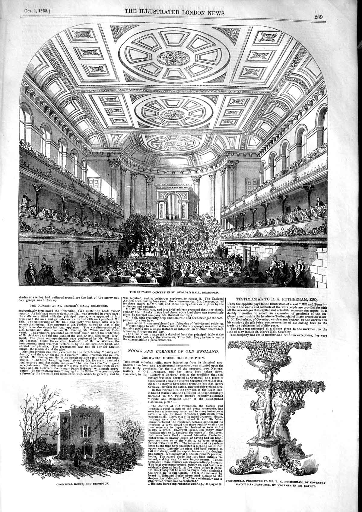 Old Antique Print 1853 Saltaire Concert George'S Bradford Cromwell House 19th