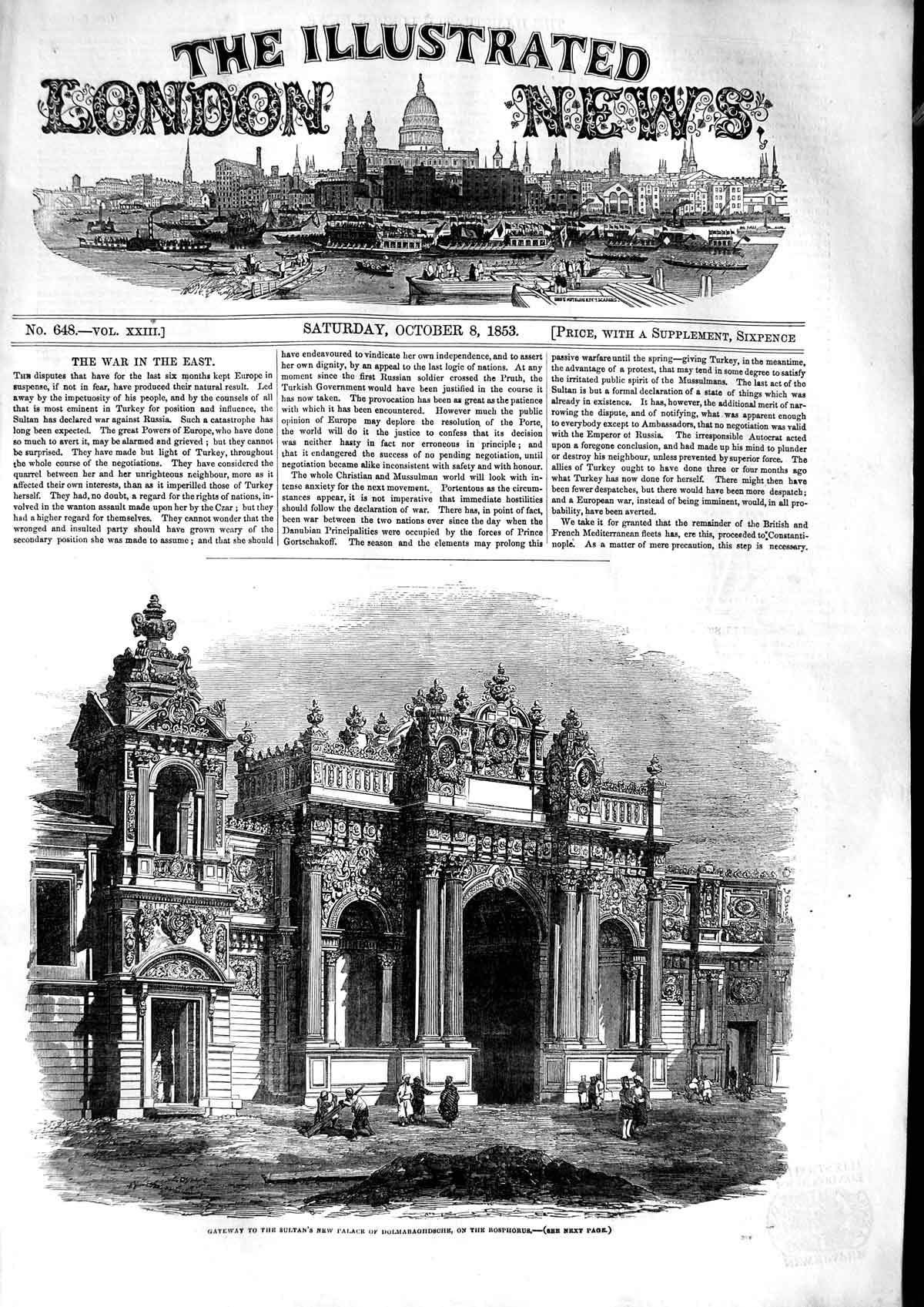 Original Old Antique Print 1853 Gateway Sultan Palace Dolmabaghdsche Bosphorus