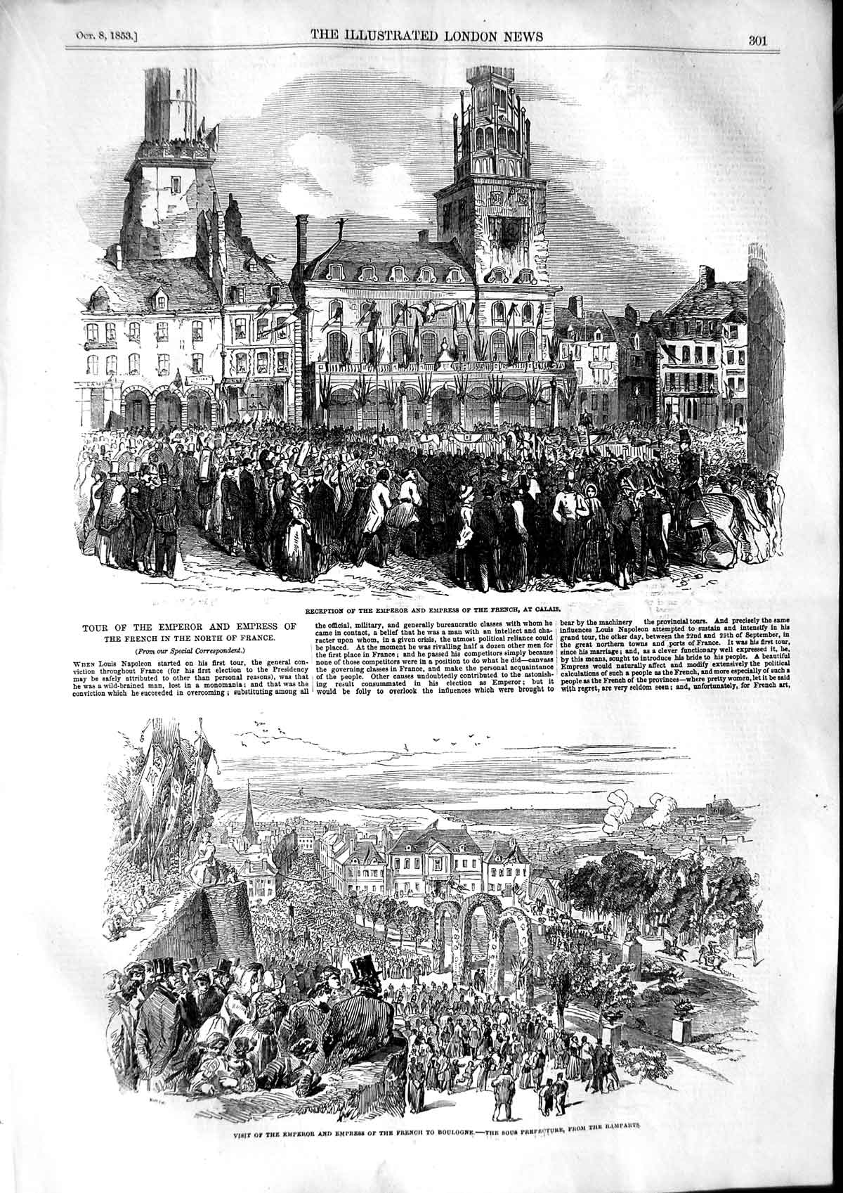 Original Old Antique Print 1853 Emperor French Calais Boulogne Sous Prefecture