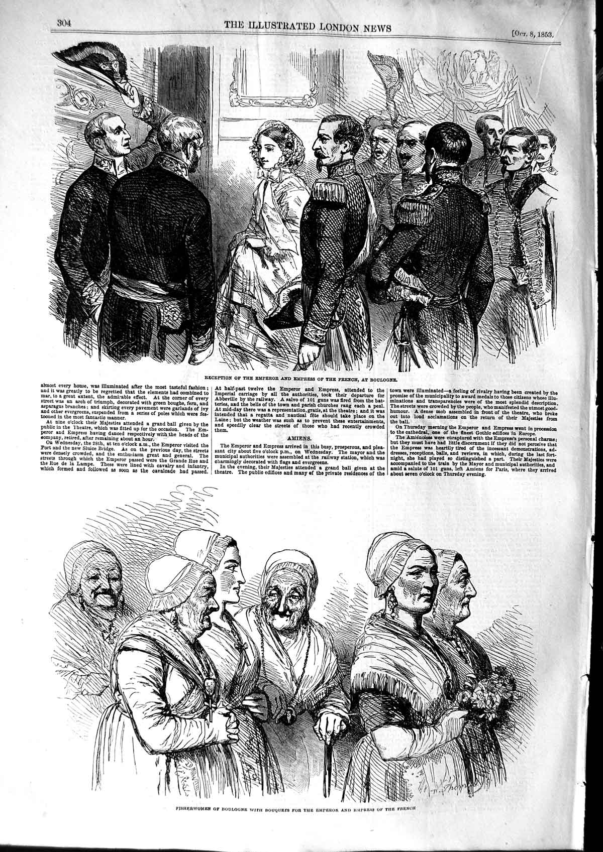 Original Old Antique Print 1853 Emperor French Boulogne Fisherwomen Flowers