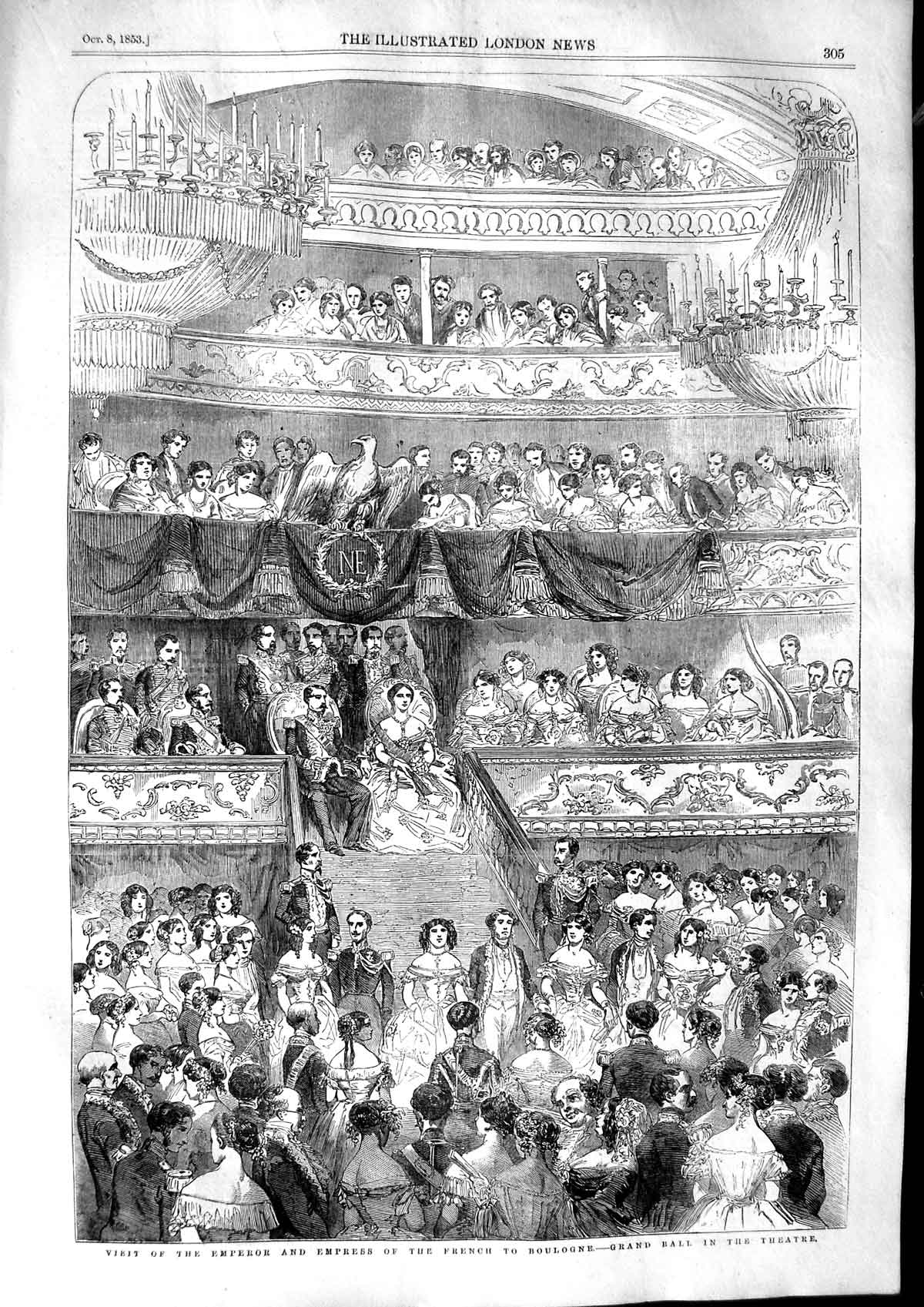 Original Old Antique Print 1853 Visit Emperor Empress French Boulogne Theatre