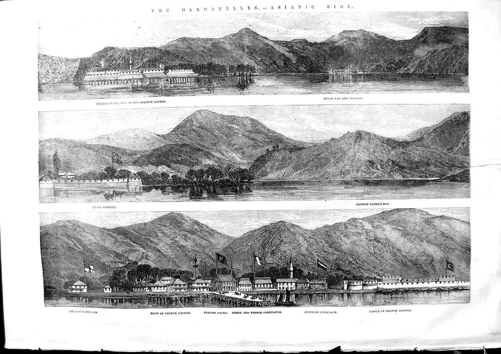 Original Old Antique Print 1853 Dardanelles Najara Burnu Chanak Teket Pacha Bay