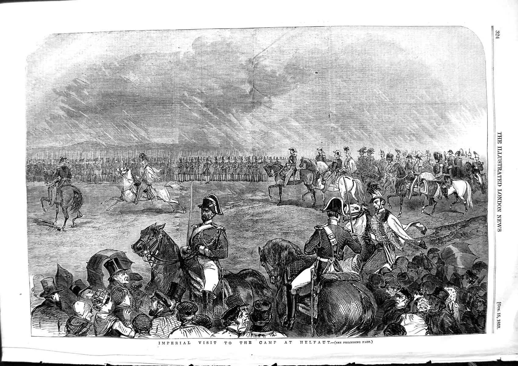 Original Old Antique Print 1853 Scene Imperial Visit Camp Helfaut Siers War