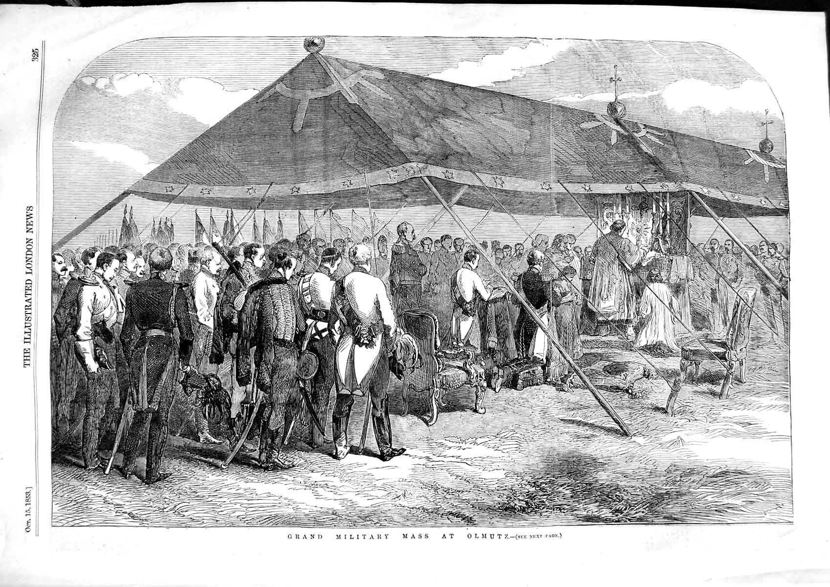 Original Old Antique Print 1853 Scene Grand Military Mass Olmutz Siers 19th
