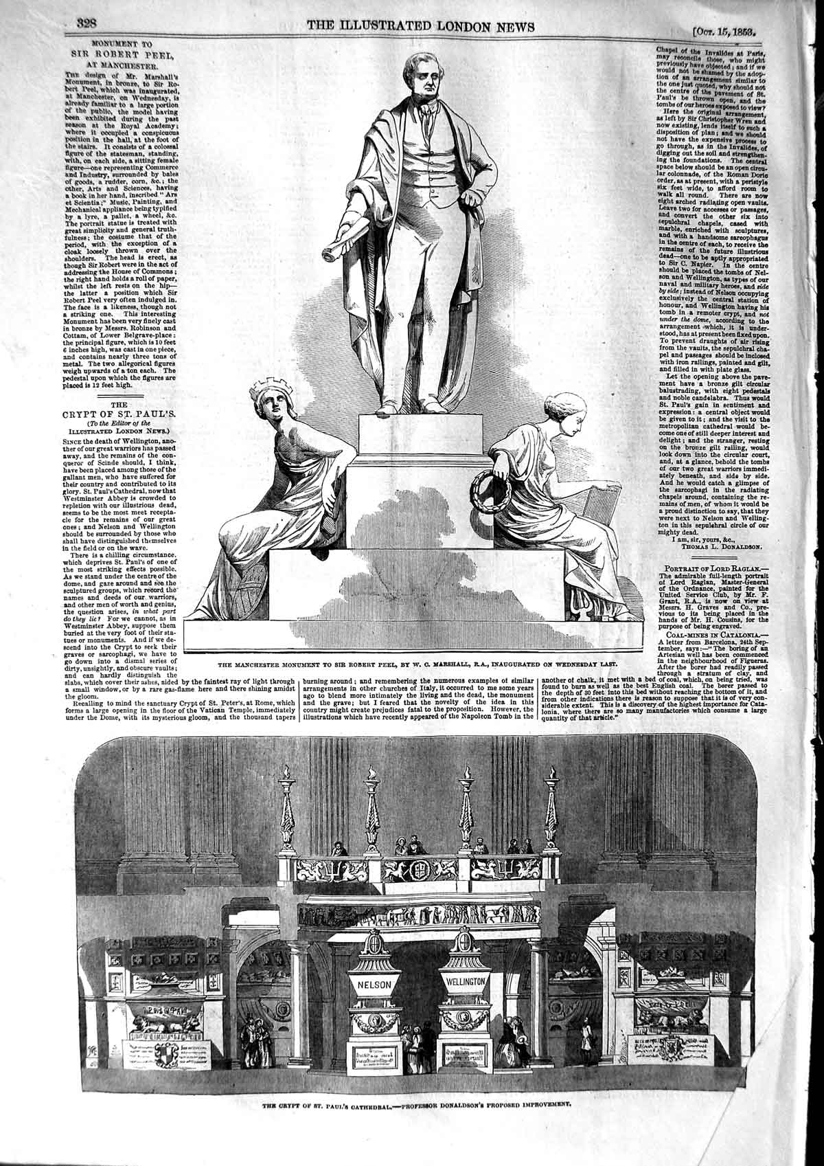 Original Old Antique Print 1853 Manchester Monument Robert Peel Crypt Cathedral