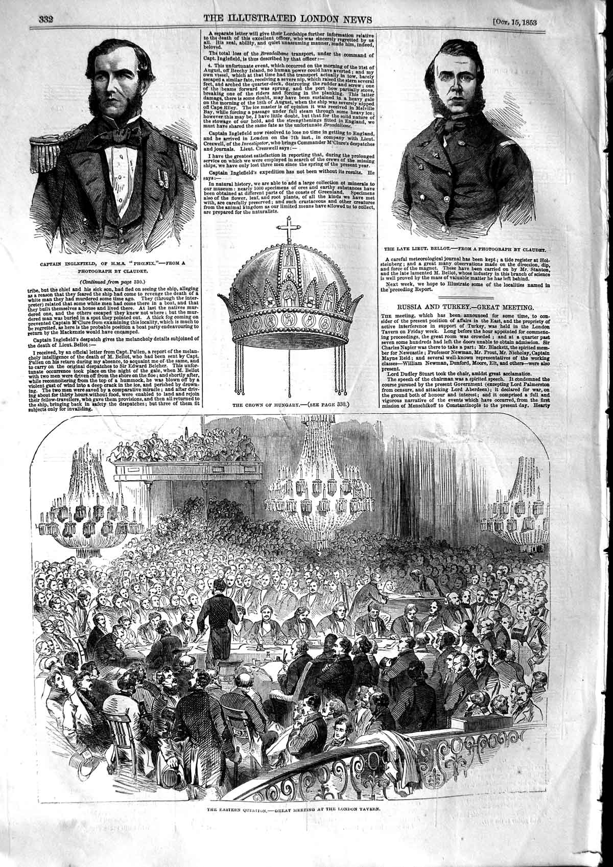 Old Antique Print 1853 London Tavern Crown Hungary Bellot Inglefield Song 19th