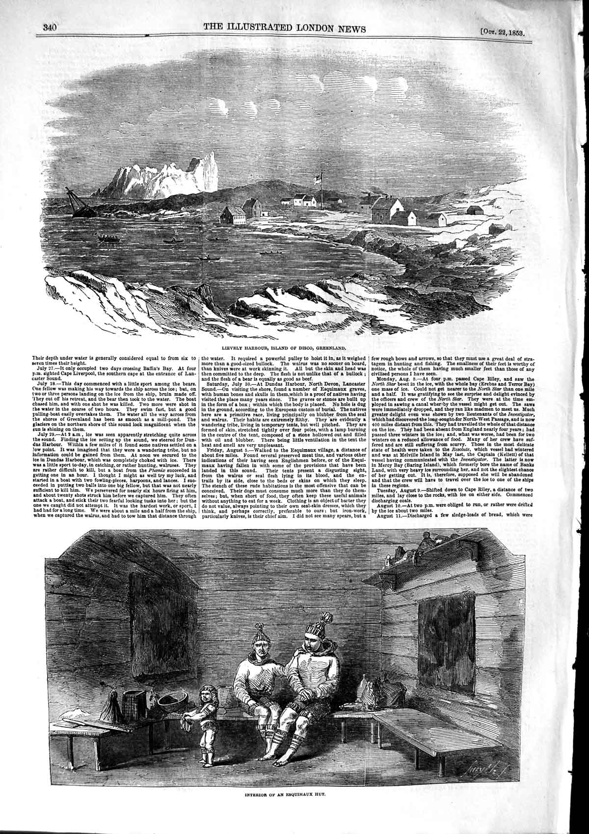 Original Old Antique Print 1853 Lievely Harbour Disco Greenland Esquimaux Hut