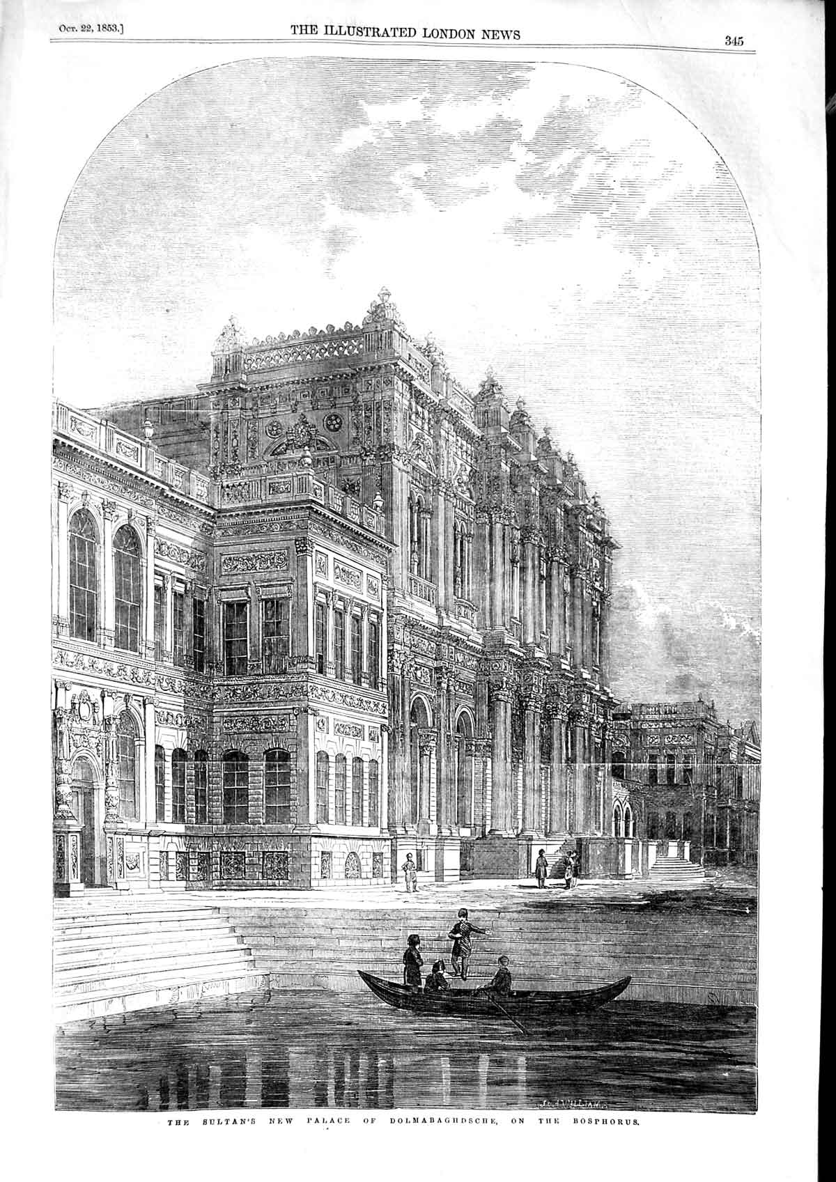 Original Old Antique Print 1853 Sultan'S New Palace Dolmabaghdsche Bosphorus
