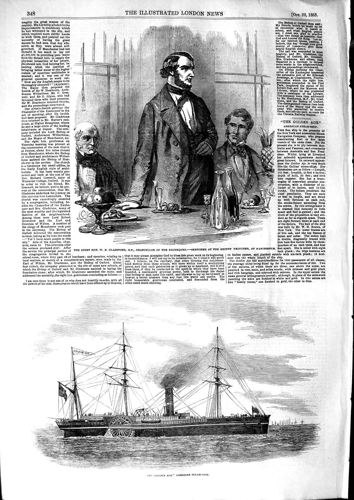 Original Old Antique Print 1853 Gen Age American Ship Gladstone Chancellor 19th