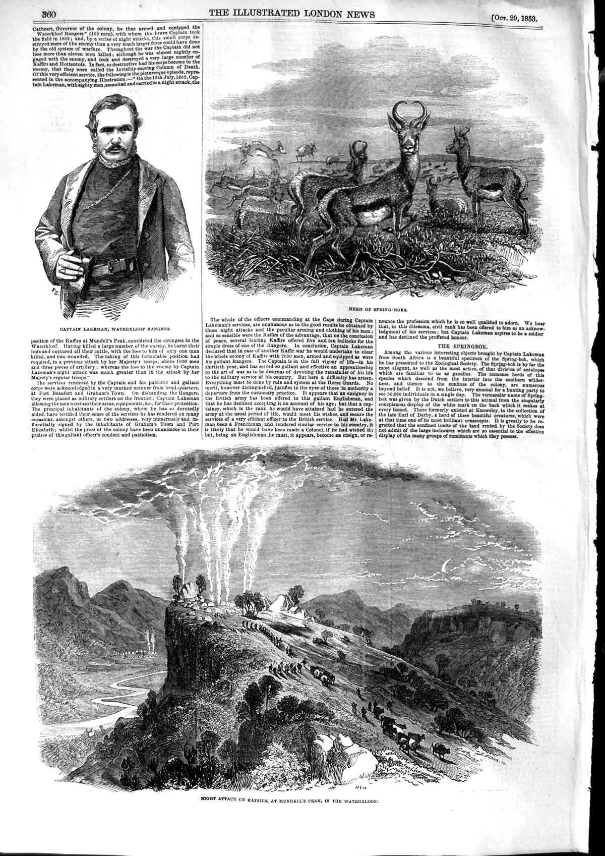 Original Old Antique Print 1853 War Kaffirs Mundell Waterlolakeman Spring-Boks