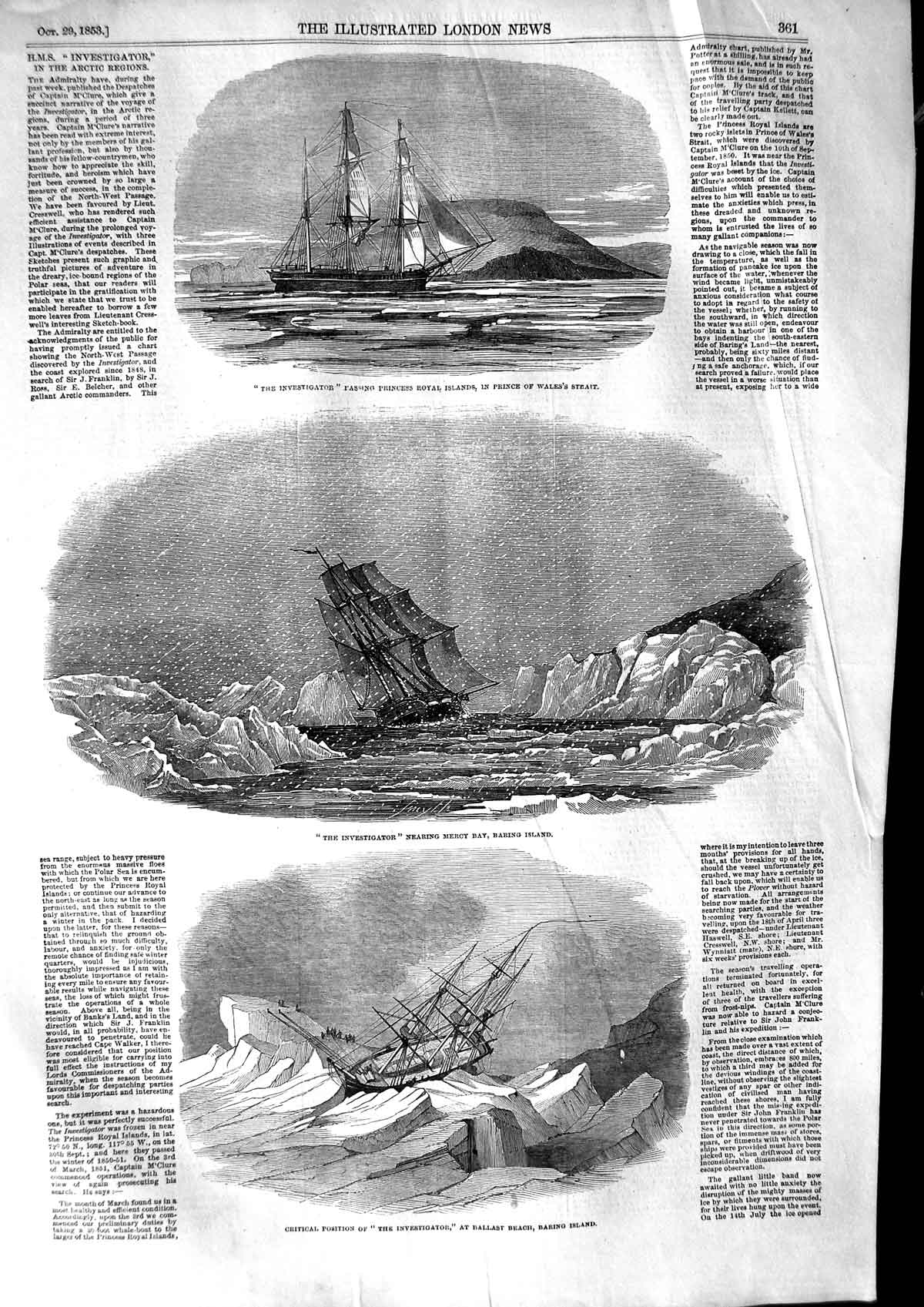 Original Old Antique Print 1853 Ship Wreck Investigator Ballast Baring Victorian