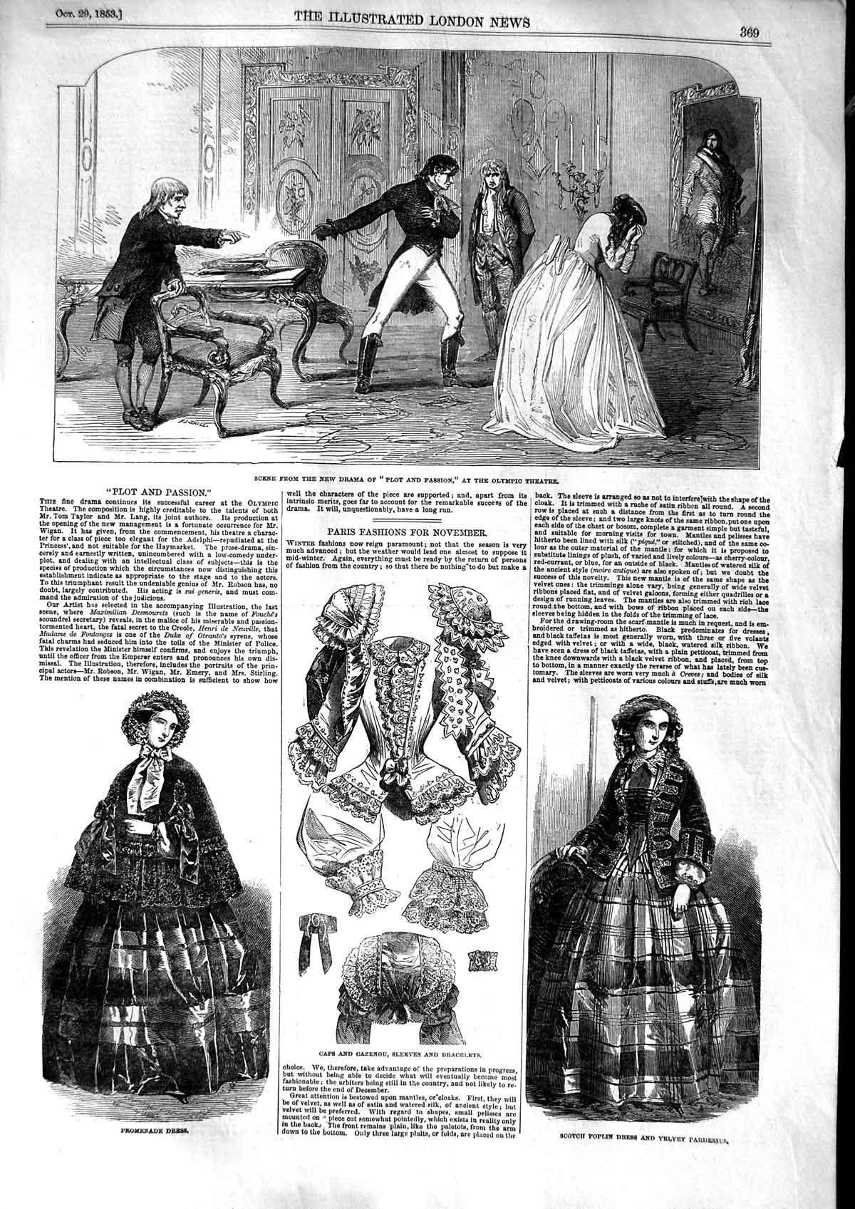 Old Antique Print 1853 Olympic Theatre Fashion Scotch Poplin Caps Cazenou 19th