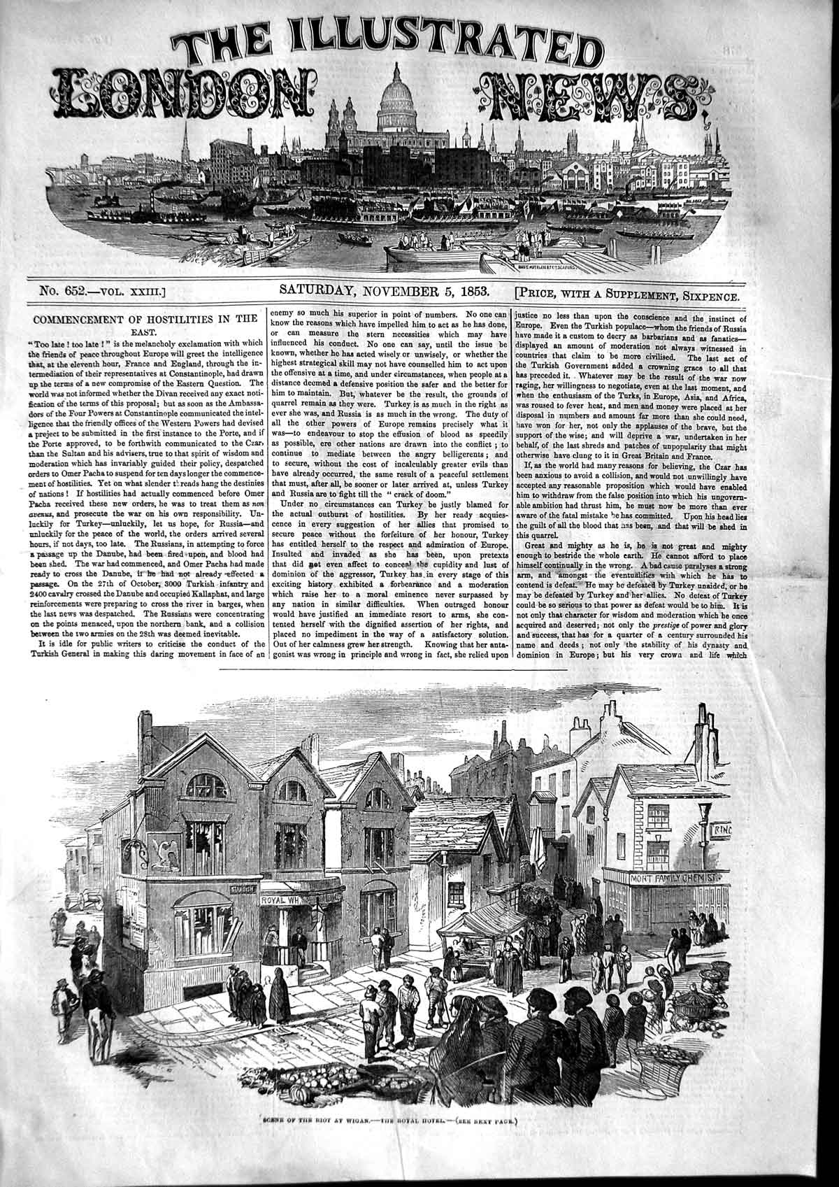 Old Antique Print 1853 Scene Riot Wigan Royal Hotel Street Scene England 19th