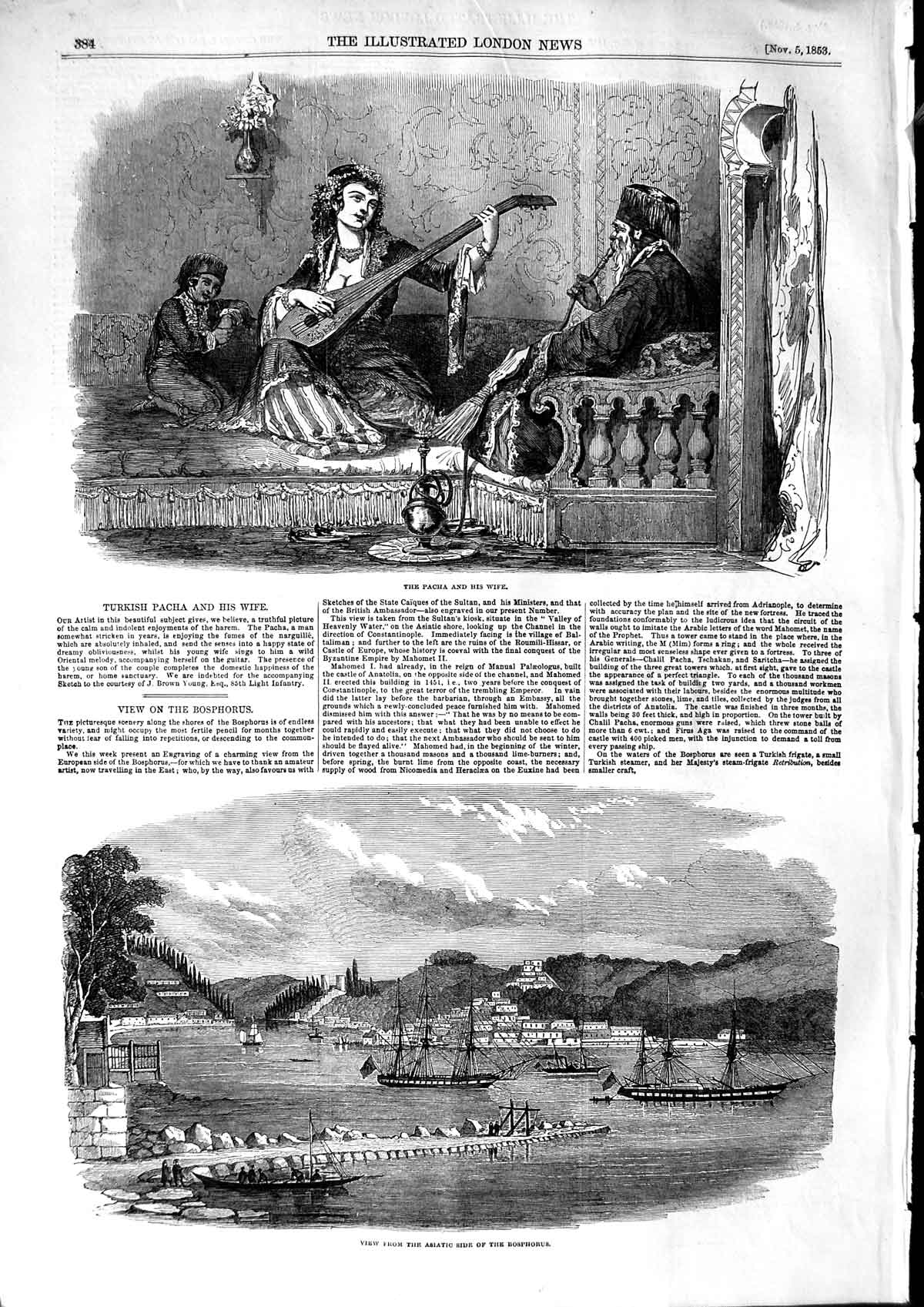 Original Old Antique Print 1853 Turkish Pacha Wife Asiatic Side Boats Bosphorus