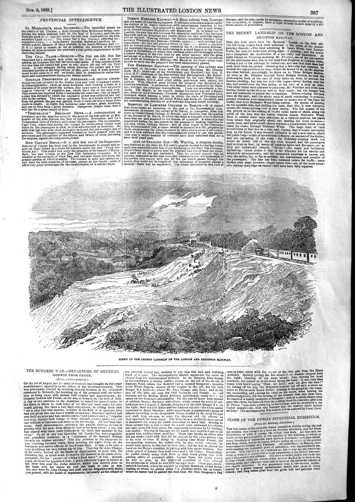 Original Old Antique Print 1853 Landslip London Brighton Railway Godwin Roney