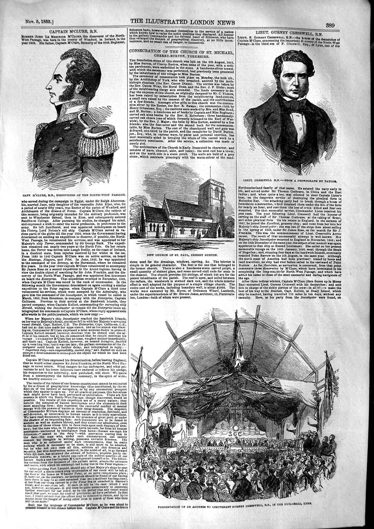 Original Old Antique Print 1853 Captain M'Clure Cresswell Church Cherry Burton