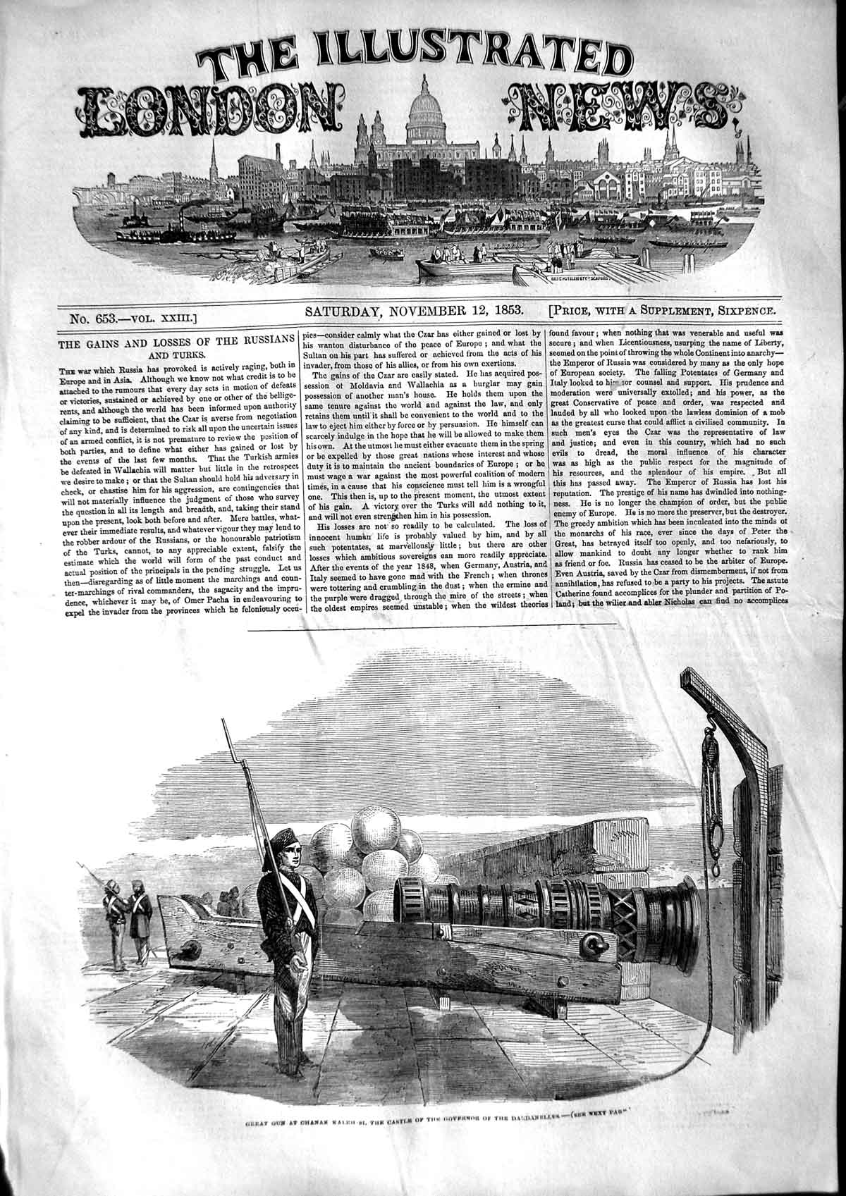 Original Old Antique Print 1853 Great Gun Chanak Kaleh-Si Castle Dardanelles