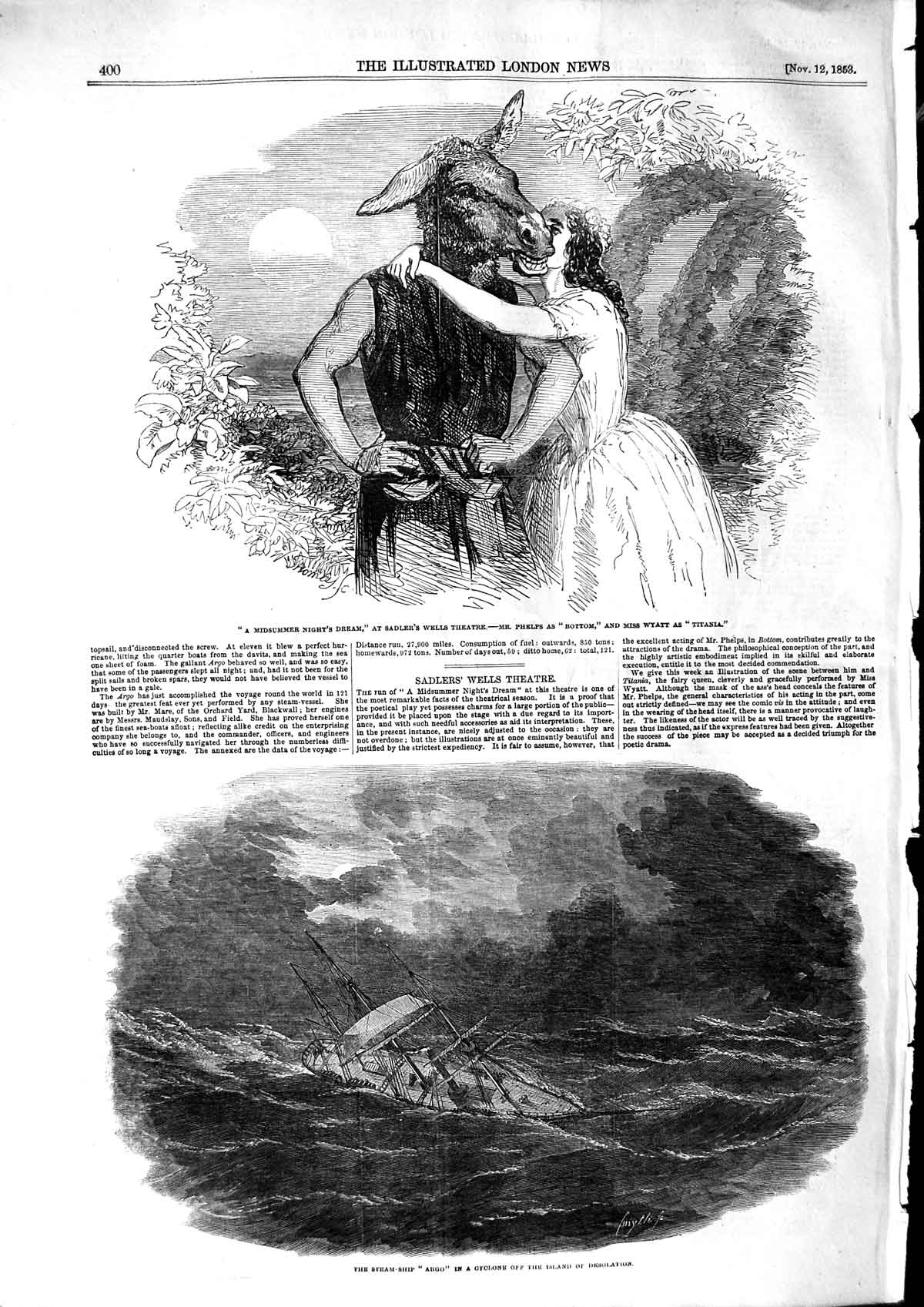 Old Antique Print 1853 Sadlers Theatre Steam Ship Argo Cyclone Desolation 19th
