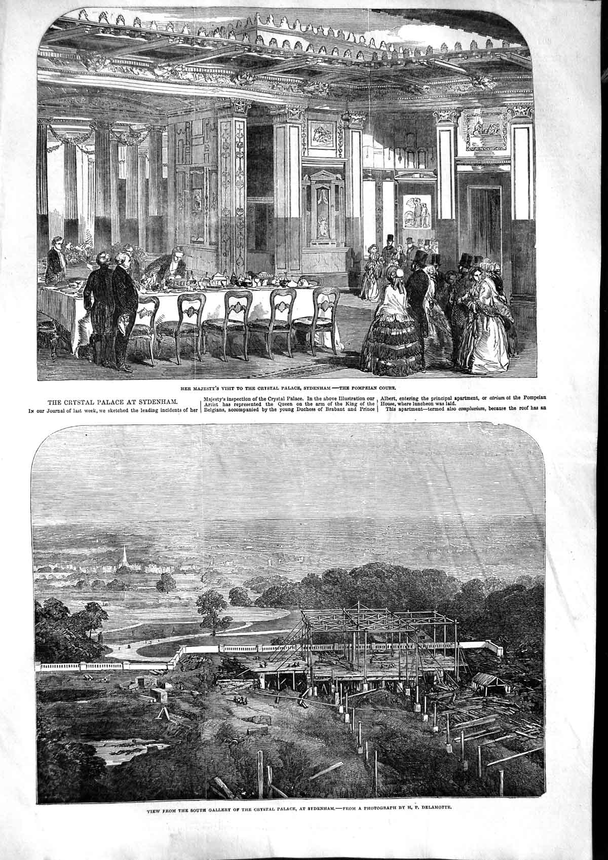 Original Old Antique Print 1853 Crystal Palace Sydenham Queen Pompeian Court