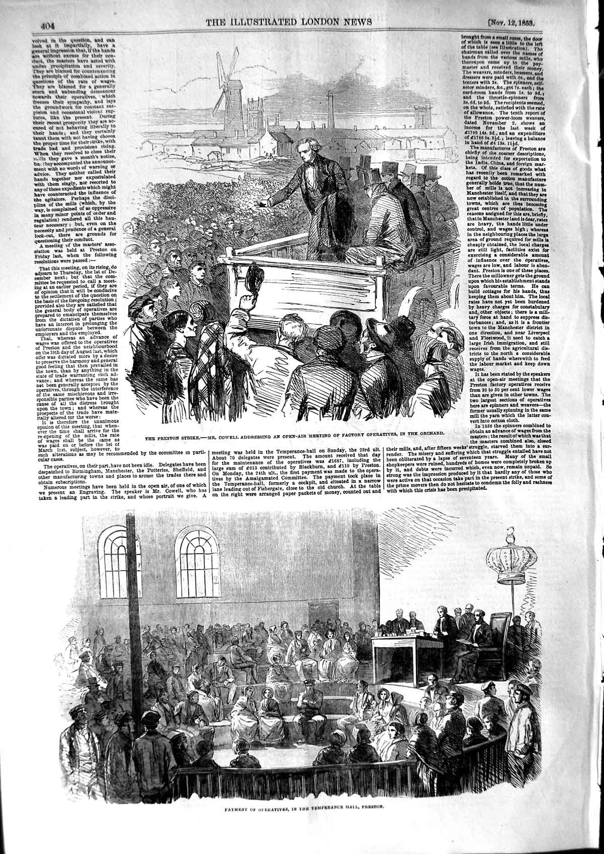 Old Antique Print 1853 Payment Operative Temperance Preston Strike Cowell 19th
