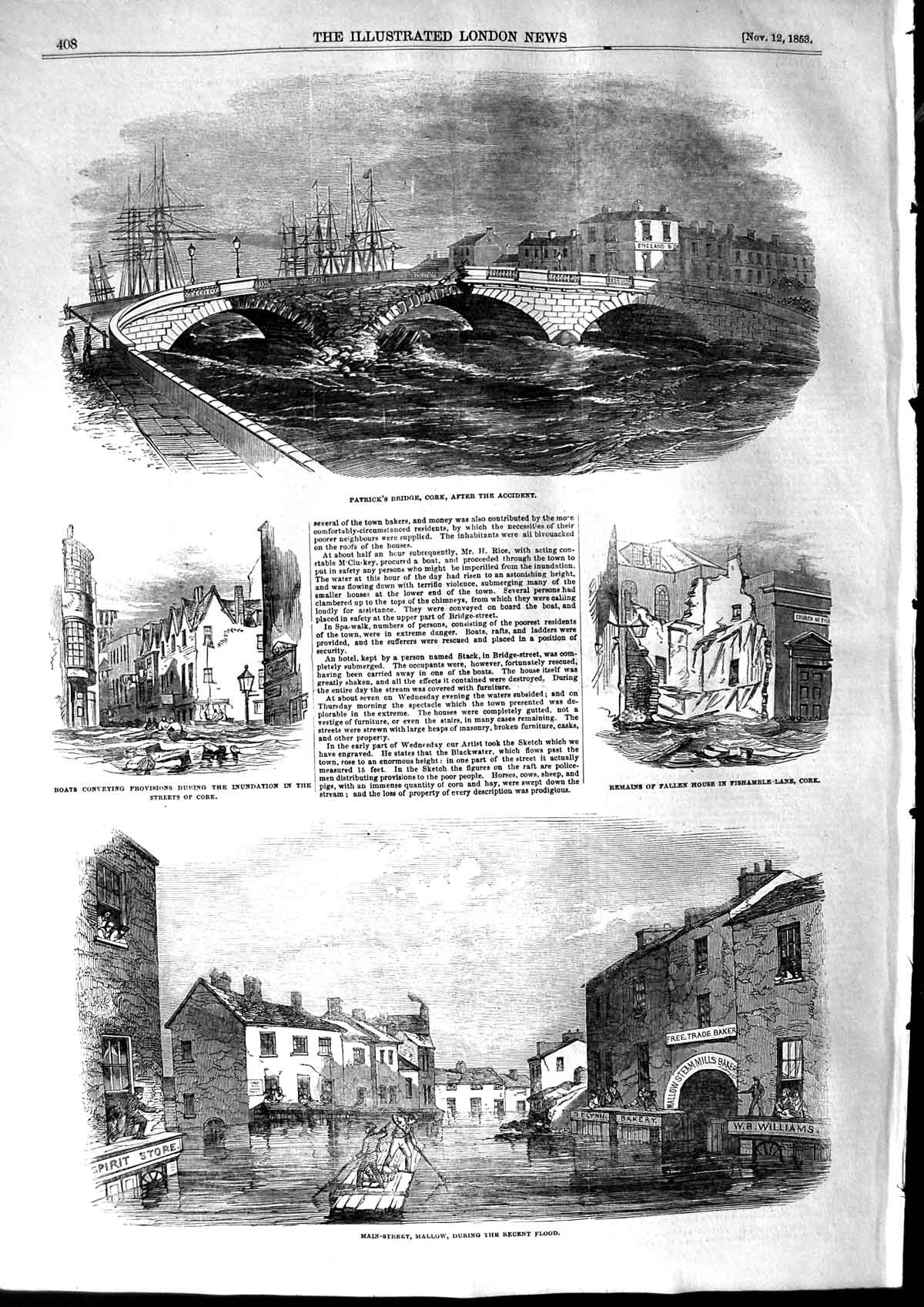 Old Antique Print 1853 Patrick'S Bridge Cork Ireland Mallow River Boats 19th