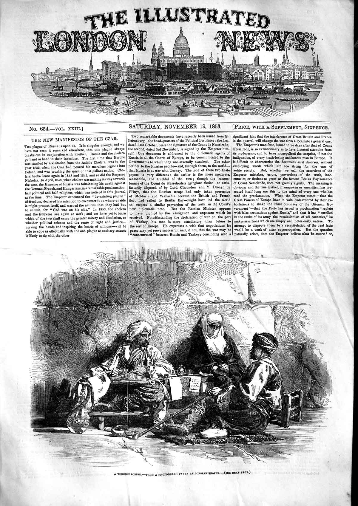 Original Old Antique Print 1853 Turkish Scribe Writing Men Constantinople 19th