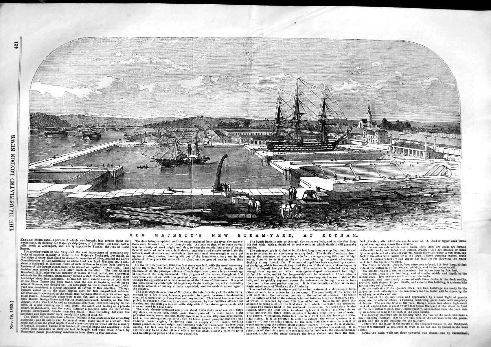 Original Old Antique Print 1853 Her Majesty Queen Steam-Yard Keyham Ships War