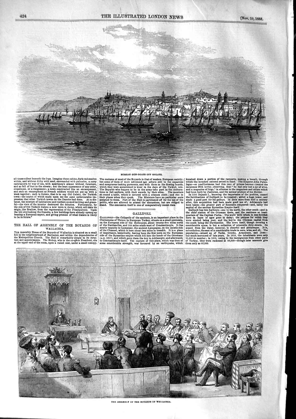 Old Antique Print 1853 Russian Gun Boat Galatz Assembly Boyards Wallachia 19th