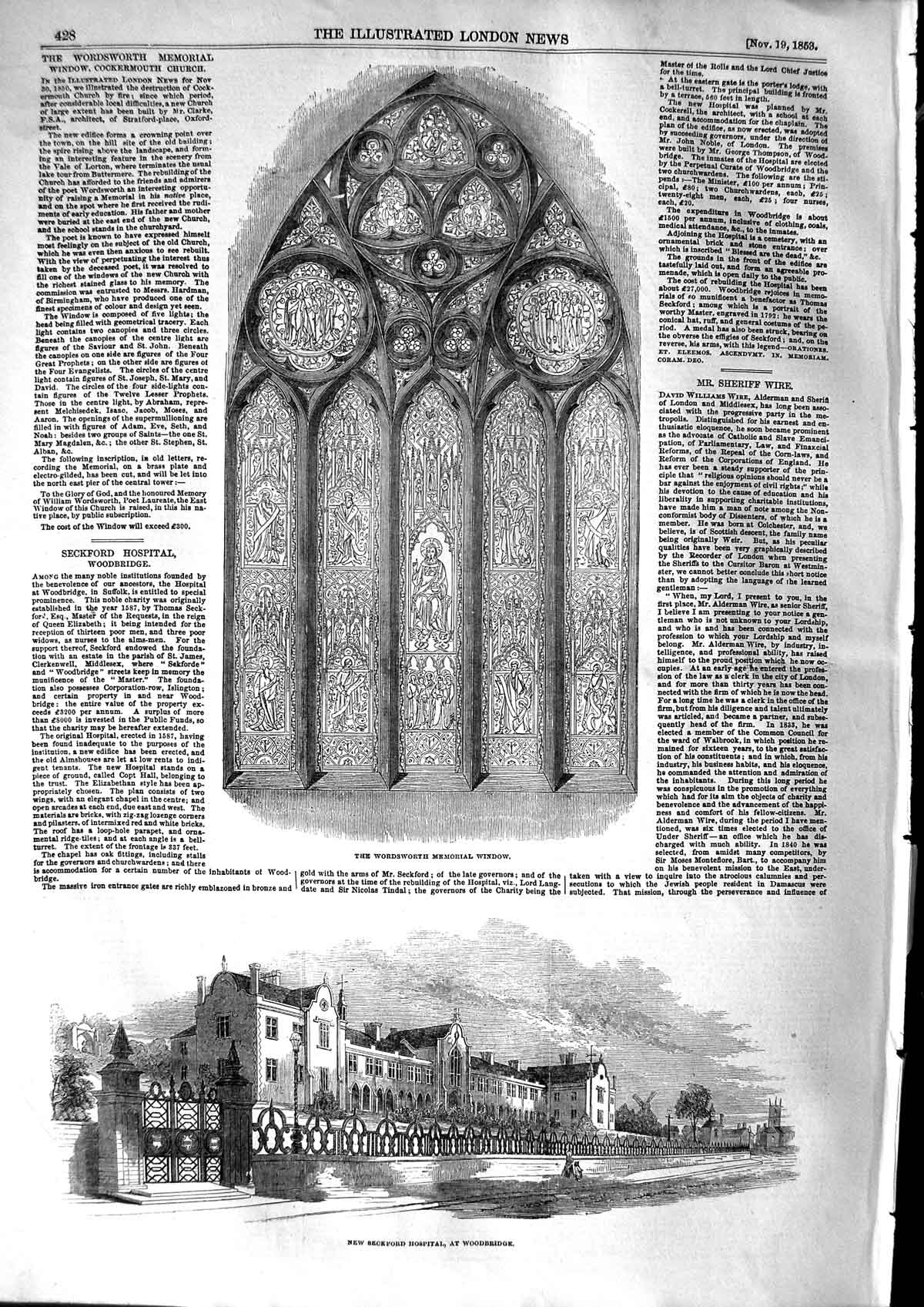 Original Old Antique Print 1853 Wordsworth Memorial Window Seckford Hospital