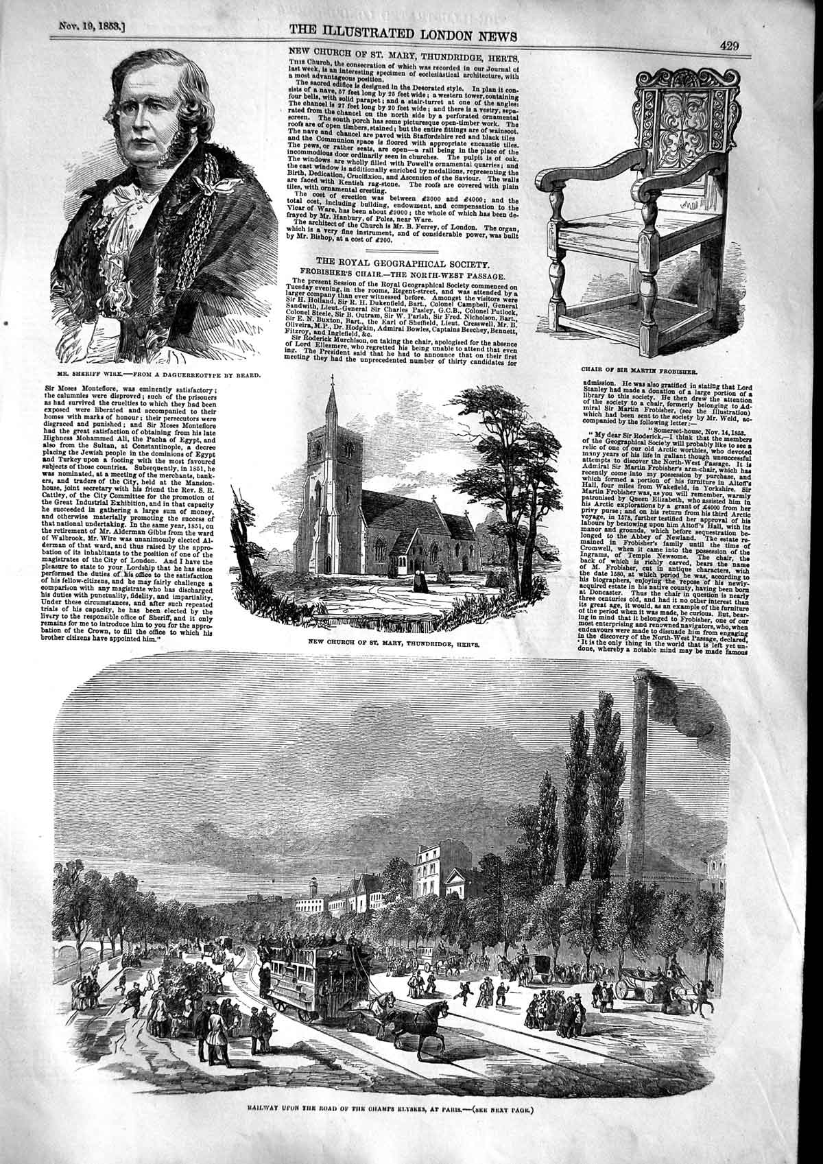 Old Antique Print 1853 Sherriff Wire Church Mary Thundridge Railway Paris 19th