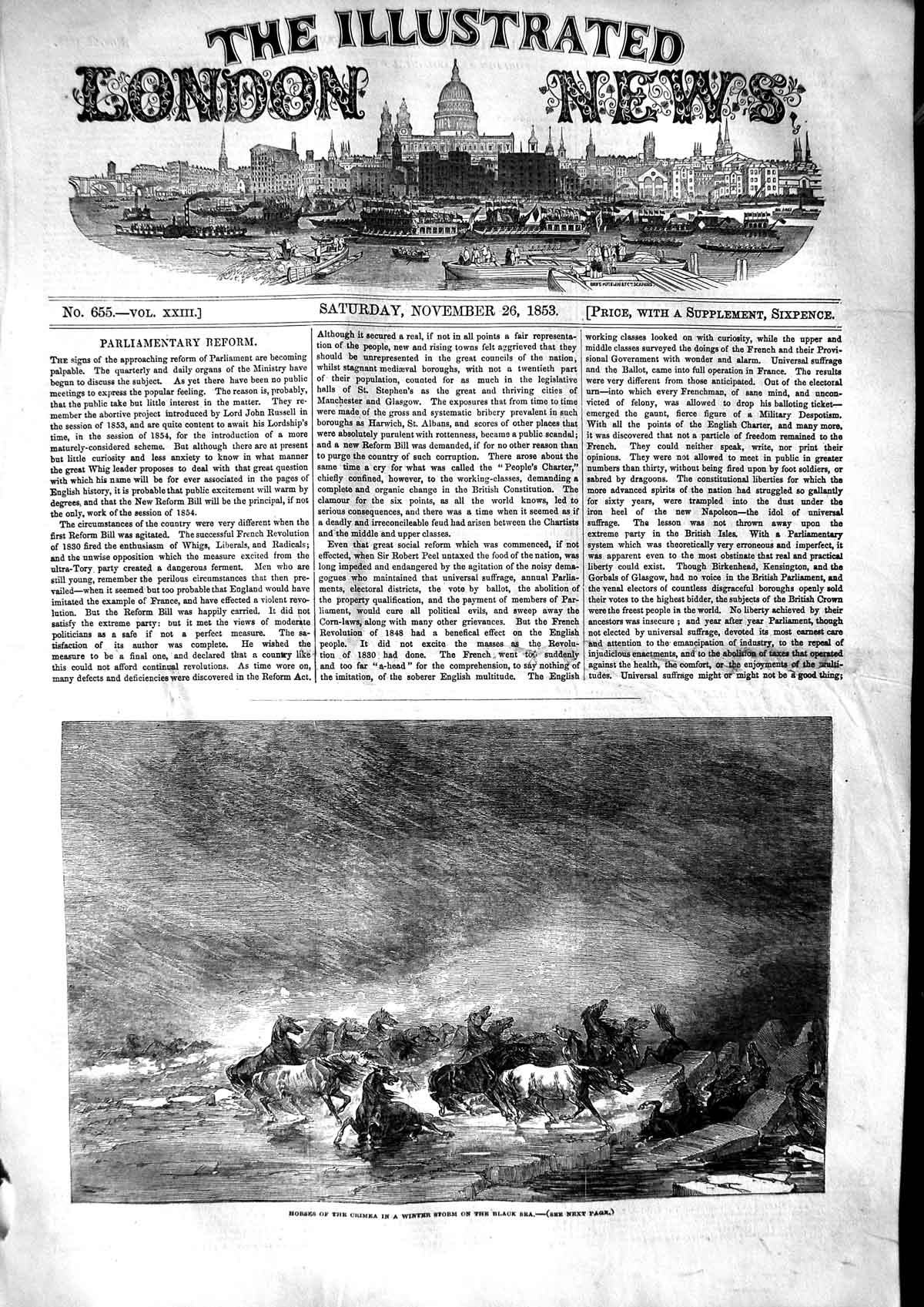 Original Old Antique Print 1853 Crimea Wild Horses Winter Storm Black Se 19th