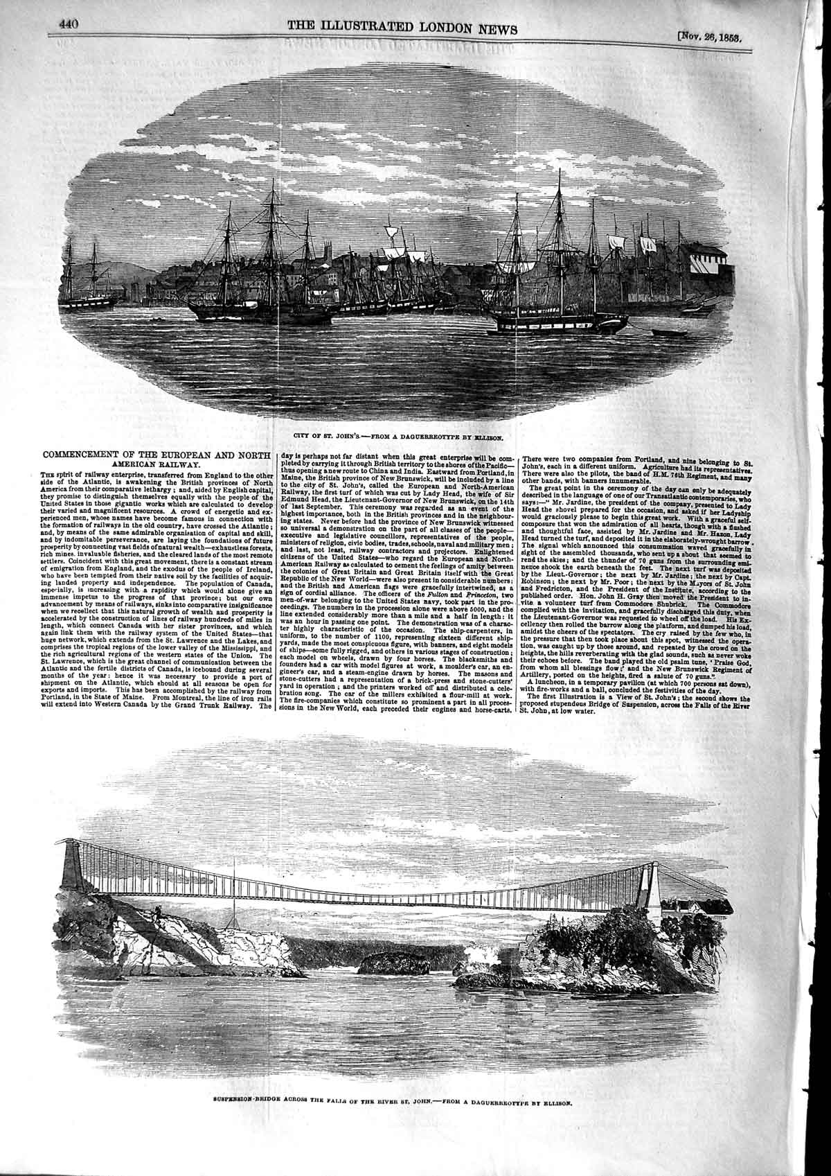 Old Antique Print 1853 View City John'S Suspension Bridge River Waterfall 19th